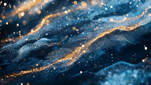 Abstract waves of glittering blue and gold particles, dreamy mood.