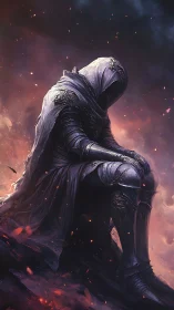 Ashen knight dreaming in embers at the edge of ruin.