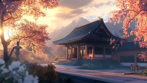 Serene temple courtyard under glowing cherry blossoms at dusk.
