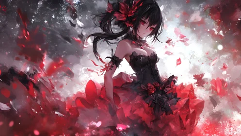 Dark rose anime girl stands in swirling crimson petals