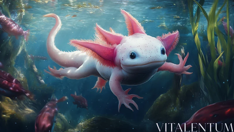 Underwater axolotl with pink gills in aquatic habitat.