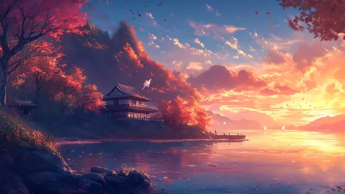 Autumn lakeside temple glows beneath a blazing sunset sky