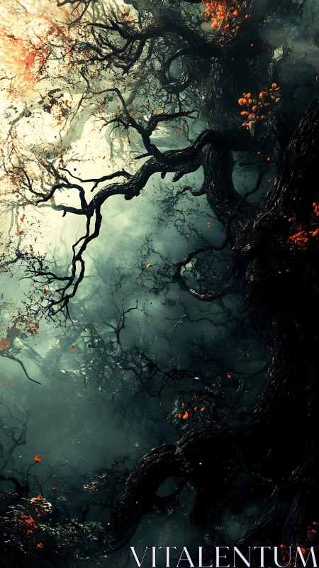 Dense twisted forest canopy in mist with sparse foliage.