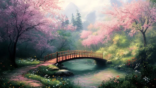 Whispering cherry bridge over dreamlit spring river garden.