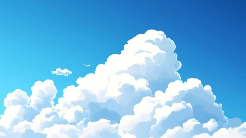 Towering cumulus clouds rise under clear blue sky