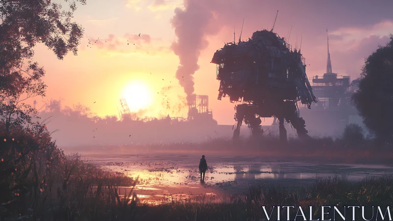 Silhouetted walker and industrial mech in marshland at sunset.