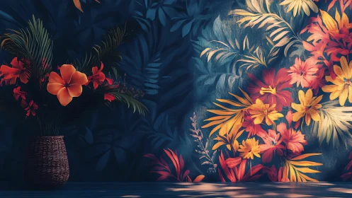 Tropical Floral Display Against Dark Blue Textured Wall.