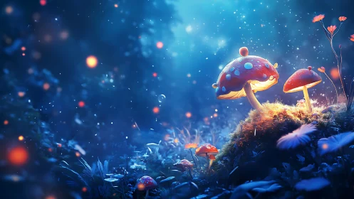 Bioluminescent toadstools in blue nocturne forest glen