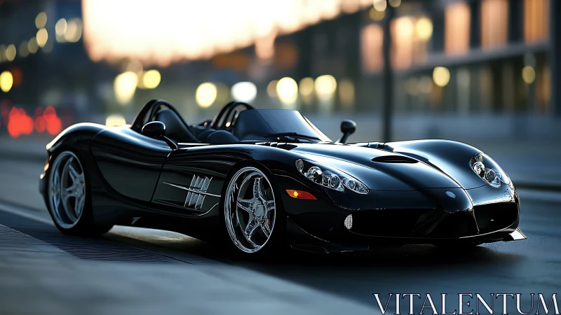 Sleek black roadster glows against a blurred city sunset