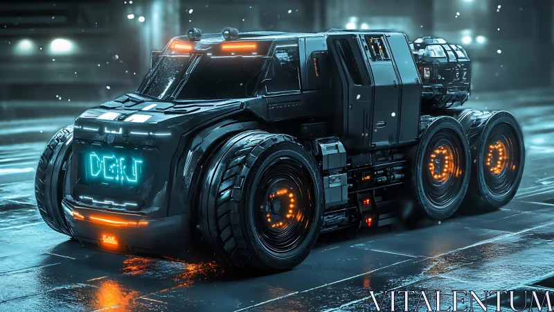 Futuristic six-wheeled cyber truck glows on a rainy street