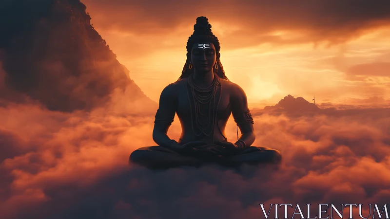 Divine meditative figure above clouds in fiery sunset glow.