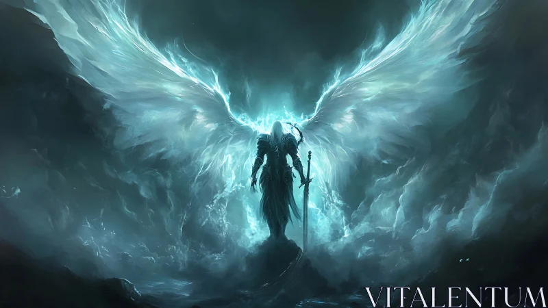 Epic celestial warrior with luminous wings in storm.