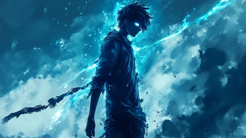 Bioluminescent anime figure in electric blue storm vortex