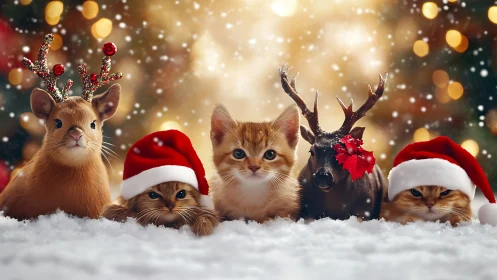 Digitally composed festive scene with animals wearing holiday attire