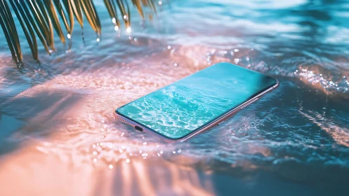 Smartphone partially submerged in shallow tropical water.