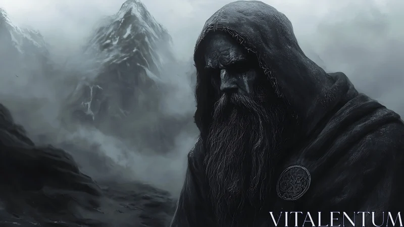 Weathered cloaked warrior rendered in desaturated, high-contrast chiaroscuro