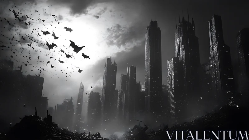 Nocturnal bat swarm over dystopian neo-gothic megacity ruins