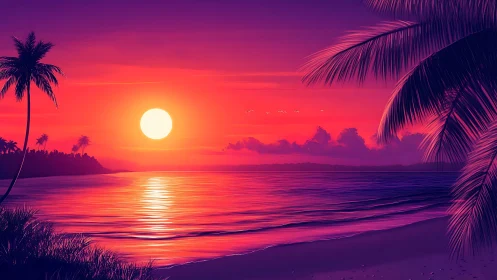 Digital coastal sunset scene applies strong magenta palette