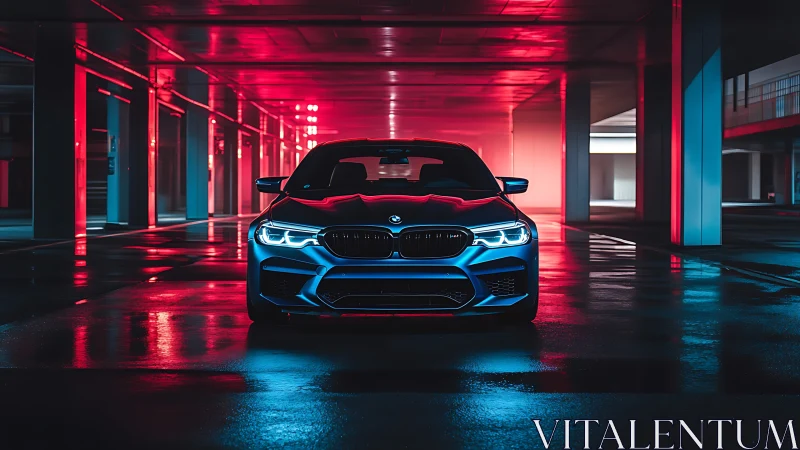 BMW sedan front view is parked in wet neon garage