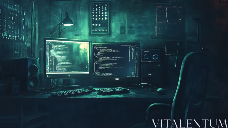 Dual-monitor programming workstation glows in dark room