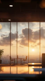 Sunlit corporate meeting space overlooking city skyline.