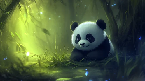 Baby panda rests in glowing bamboo forest of gentle magic