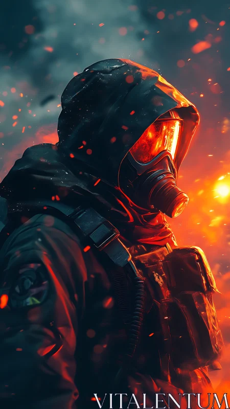 Hazmat soldier in hooded tactical gear amid burning embers