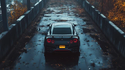 Nissan GT-R cuts through wet autumn overpass in cool dusk
