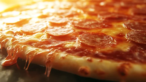 Golden pepperoni pizza closeup with molten cheese pull highlights.