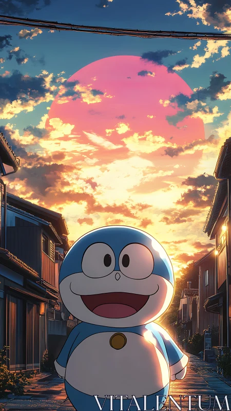 Anime robot cat under glowing sunset sky in alleyway.