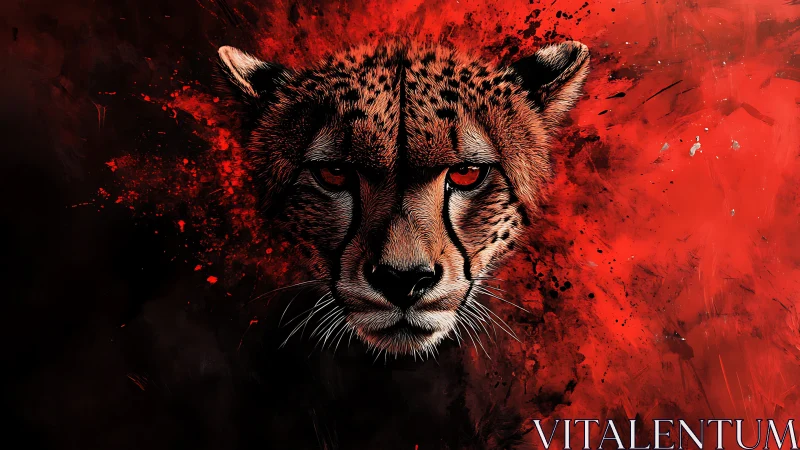Cheetah with Piercing Eyes Against Explosive Red Texture
