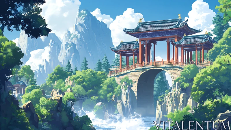 Sunlit mountain bridge where quiet rivers meet the sky.