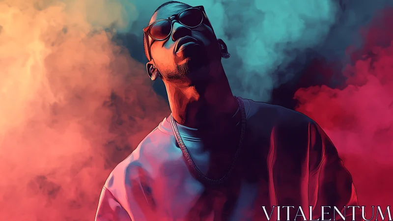 Neon-lit portrait of a man in colorful smoke haze stands bold.