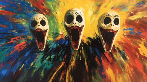 Triple screaming masks explode through spectral color storms.