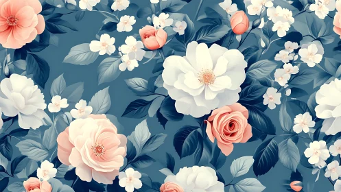 Blue Floral Palette with Coral and White Blooms.