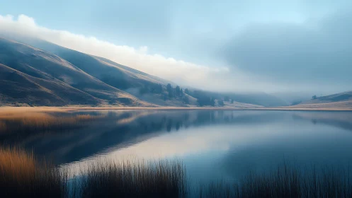 Misty blue lake mirrors golden hills under soft dawn light