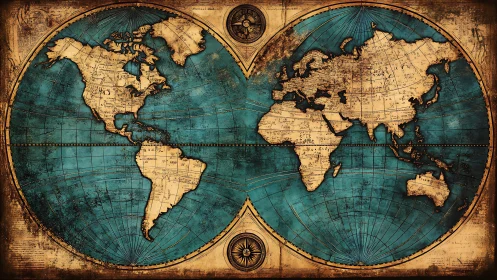 Vintage double-hemisphere world map in teal and sepia tones.