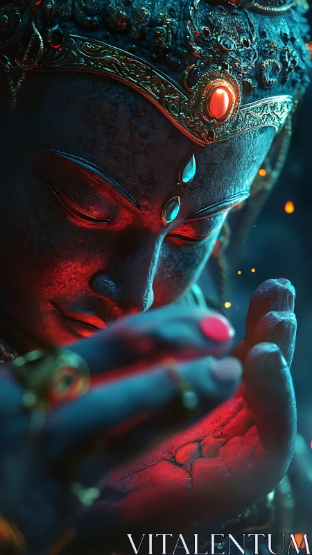 Divine stone visage illuminated by bi-color volumetric lighting