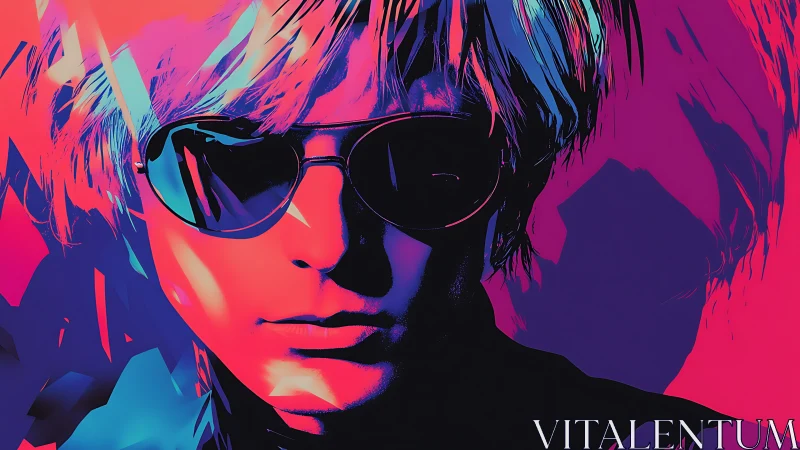 Electric neon portrait with reflective sunglasses in profile.