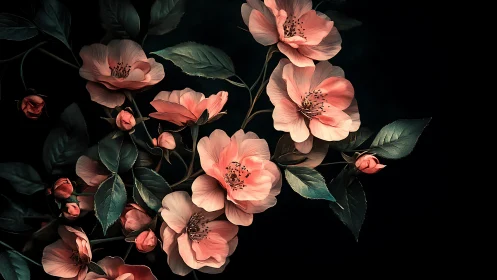 Coral Roses on Black: Delicate Blooms with Dramatic Contrast