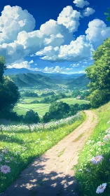 Country hillside path curves through bright summer wildflowers.