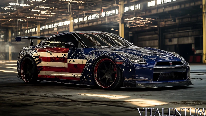 Patriotic street beast prowls through a sunlit urban hangar.