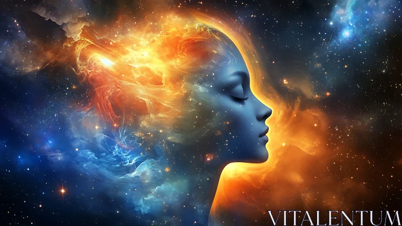 Cosmic female profile merges with swirling nebula flames