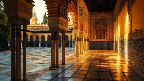 Sunlit Moorish arcade with ornate arches and tiled walls.