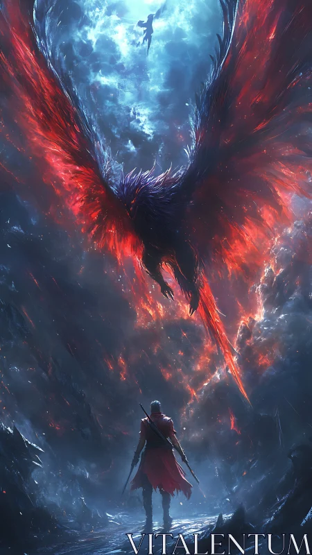 Winged fiery creature over lone figure in cavernous void.