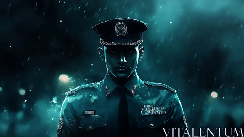 Stoic officer in teal rain, cinematic digital portrait.