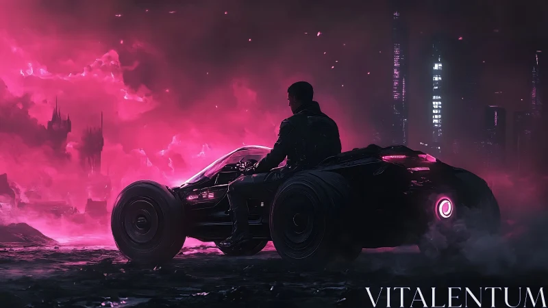 Lone driver with neon supercar in dystopian pink cityscape.