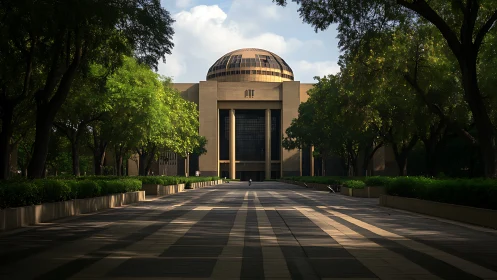 Symmetrical domed civic hall framed by axial tree colonnade.