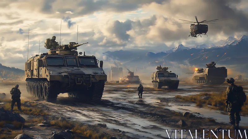 Calm patrol of armored vehicles under a brooding sky.