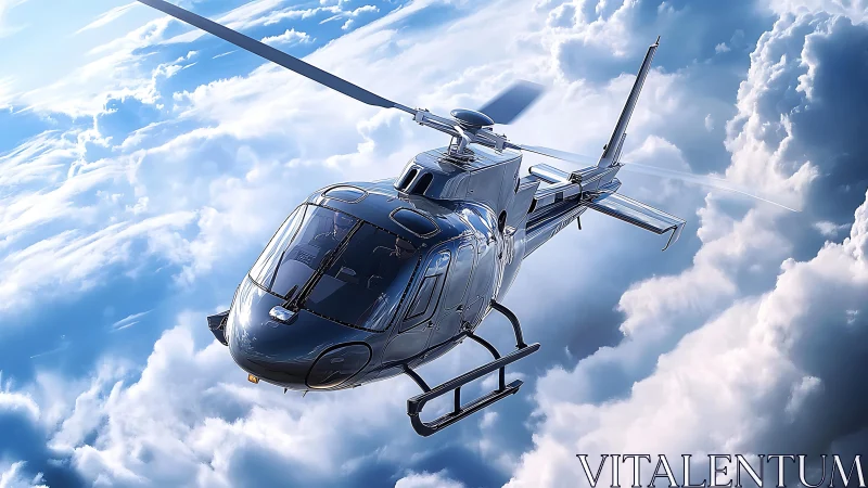 Modern gray helicopter flying through bright cloud layers.